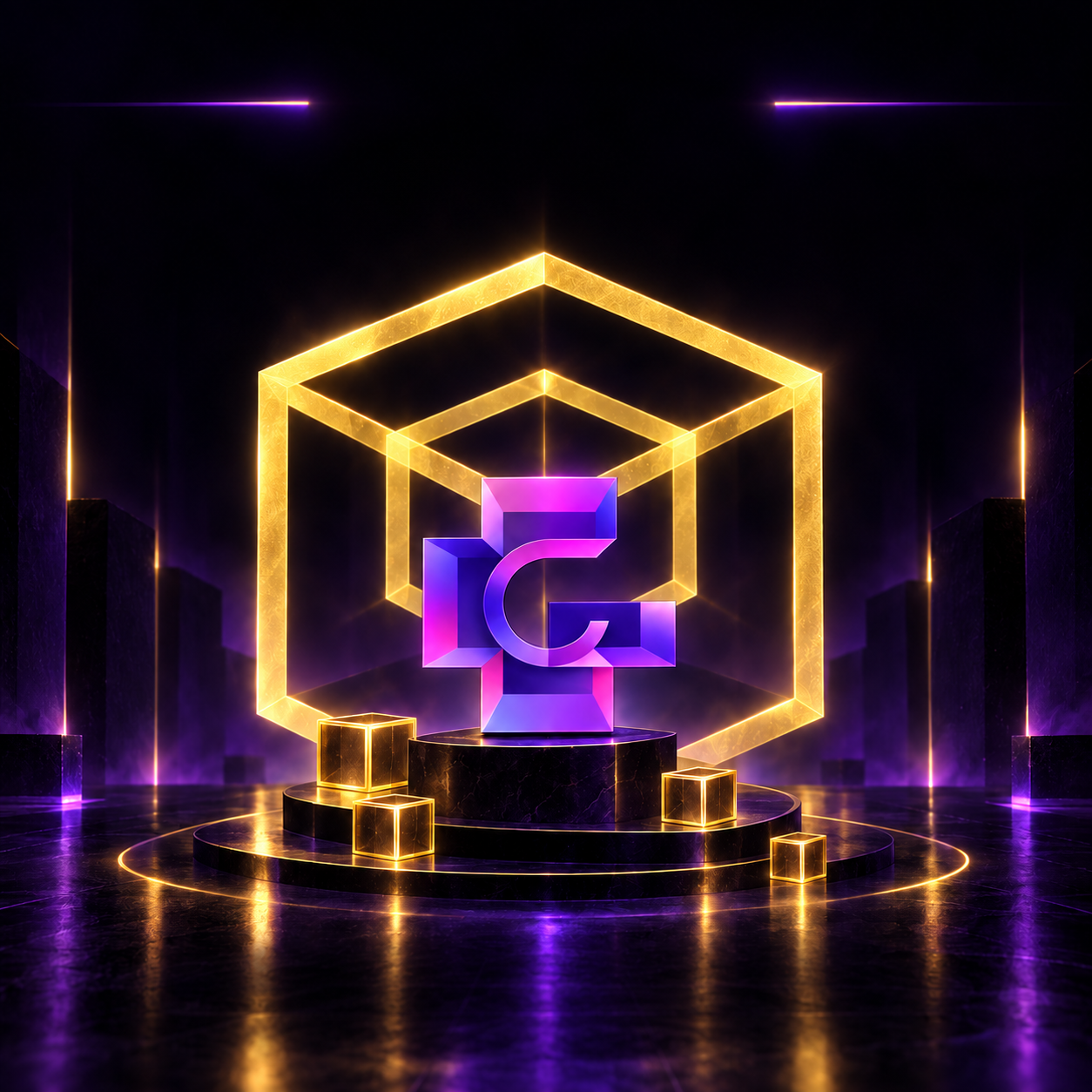 Purple GENIUS-inspired mark inside a glowing golden cube, on a black pedestal